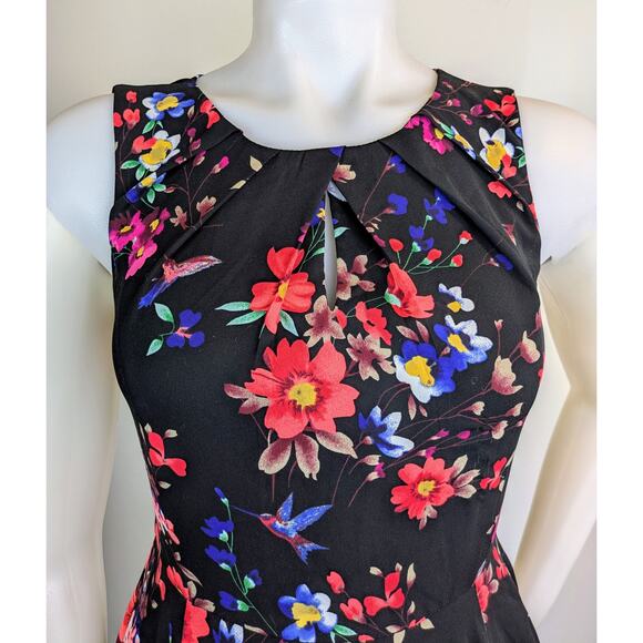 Express Minidress 2 Fit & Flare Sleeveless Black & Bright Floral Keyhole Neck - Picture 4 of 11